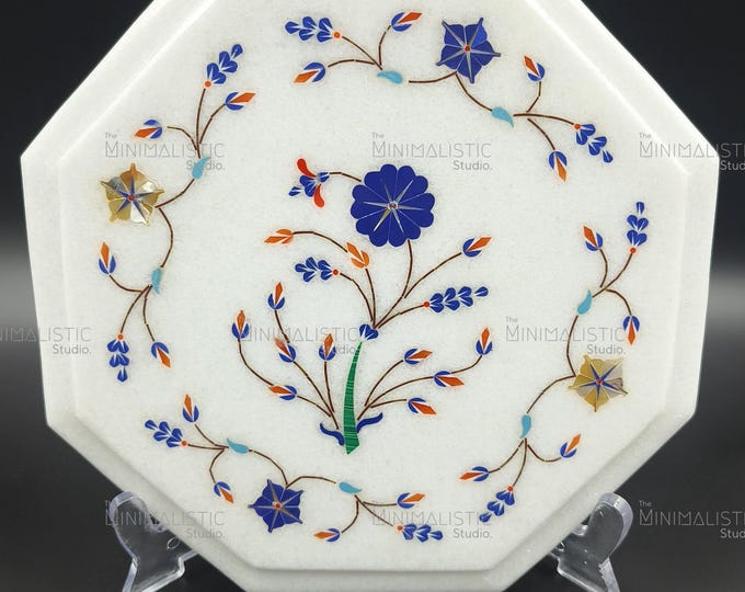 Floral Marble Inlay Plate | Handmade Octagon Art Decor