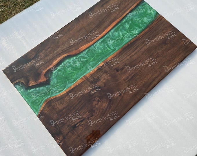 Acacia Wood Table Top | Dark Wood, Green Epoxy River, Customisable