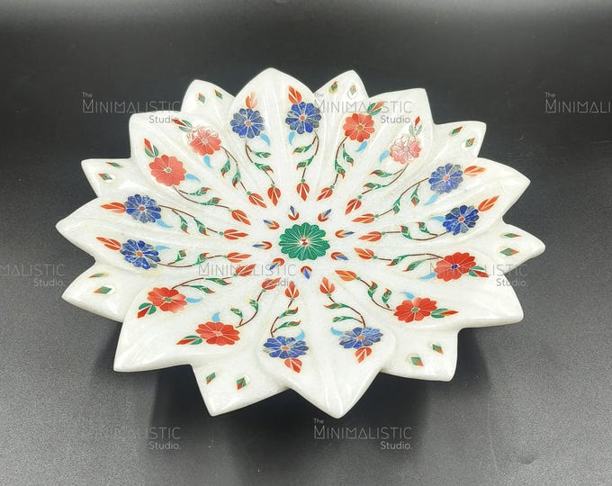 Handmade Makrana Marble Platter | Floral Inlay, Indian Centerpiece