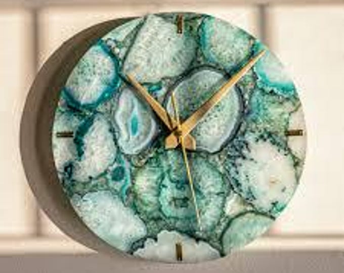 Handmade Round Green Agate Wall Clock | Epoxy Resin Crystal Geode Boho Modern Decor | (Customisable)