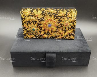 Black Velvet Gemstone Clutch | Gold Zardozi Embroidery, Indian Purse