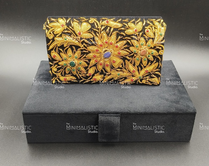 Black Velvet Gemstone Clutch | Gold Zardozi Embroidery, Indian Purse