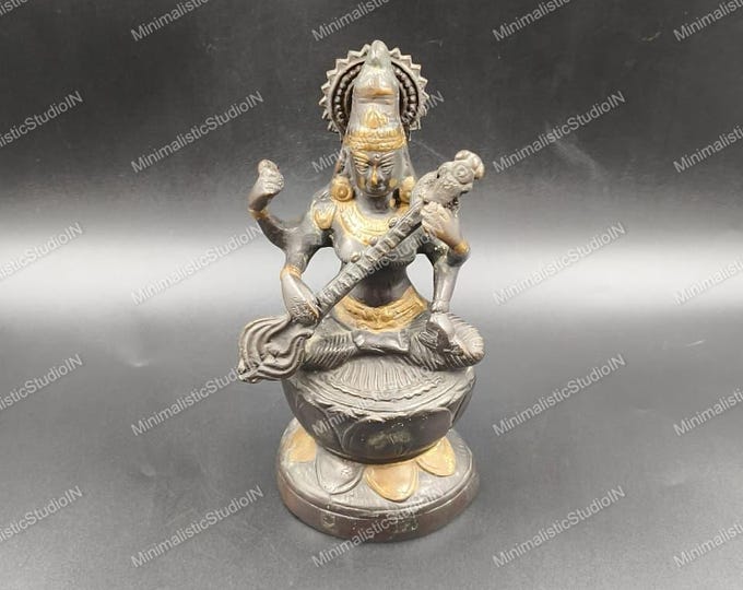 Brass Saraswati Statue 8” Inch | Knowledge Idol for Study Table | Home Temple