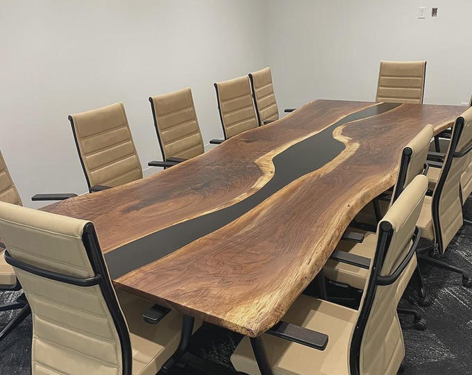 Black Epoxy River Acacia Wood Table Top | Live Edge Conference Table (Customizable)