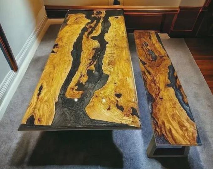 Rectangular Black River Acacia Wood Epoxy Table Top | Designer Coffee Dining Table | (Customisable)