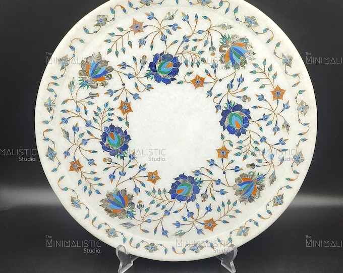Floral Gemstone Inlay Marble Plate | 14" Pietra Dura Decor