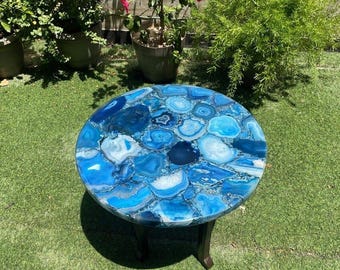 Handmade Blue Agate Round Table Top | Gemstone Coffee Top | (Customizable)