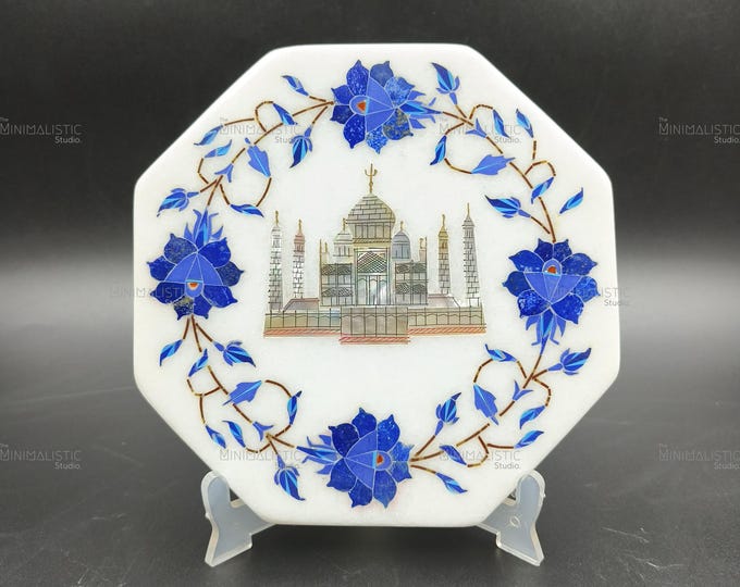 Taj Mahal Marble Inlay Plate | Octagonal White Marble Home Decor | Handmade Indian Craft