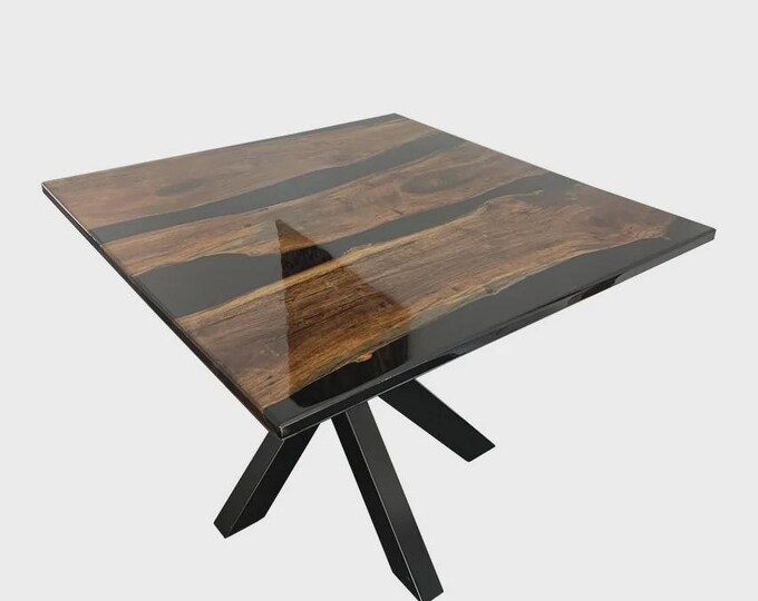 Live Edge Acacia Wood Black Epoxy River Table Top Square Handmade | Coffee Dining Table | (Customisable)
