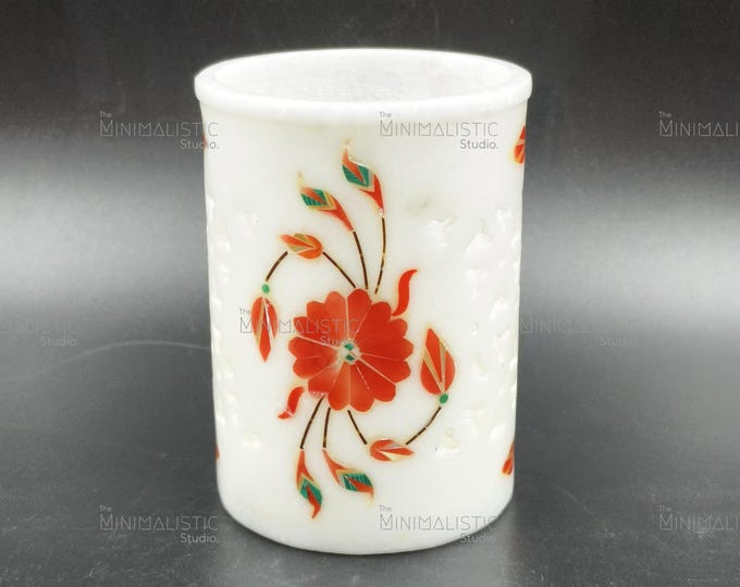 Handcrafted White Marble Pen Stand | Red Floral Inlay, Jali Work