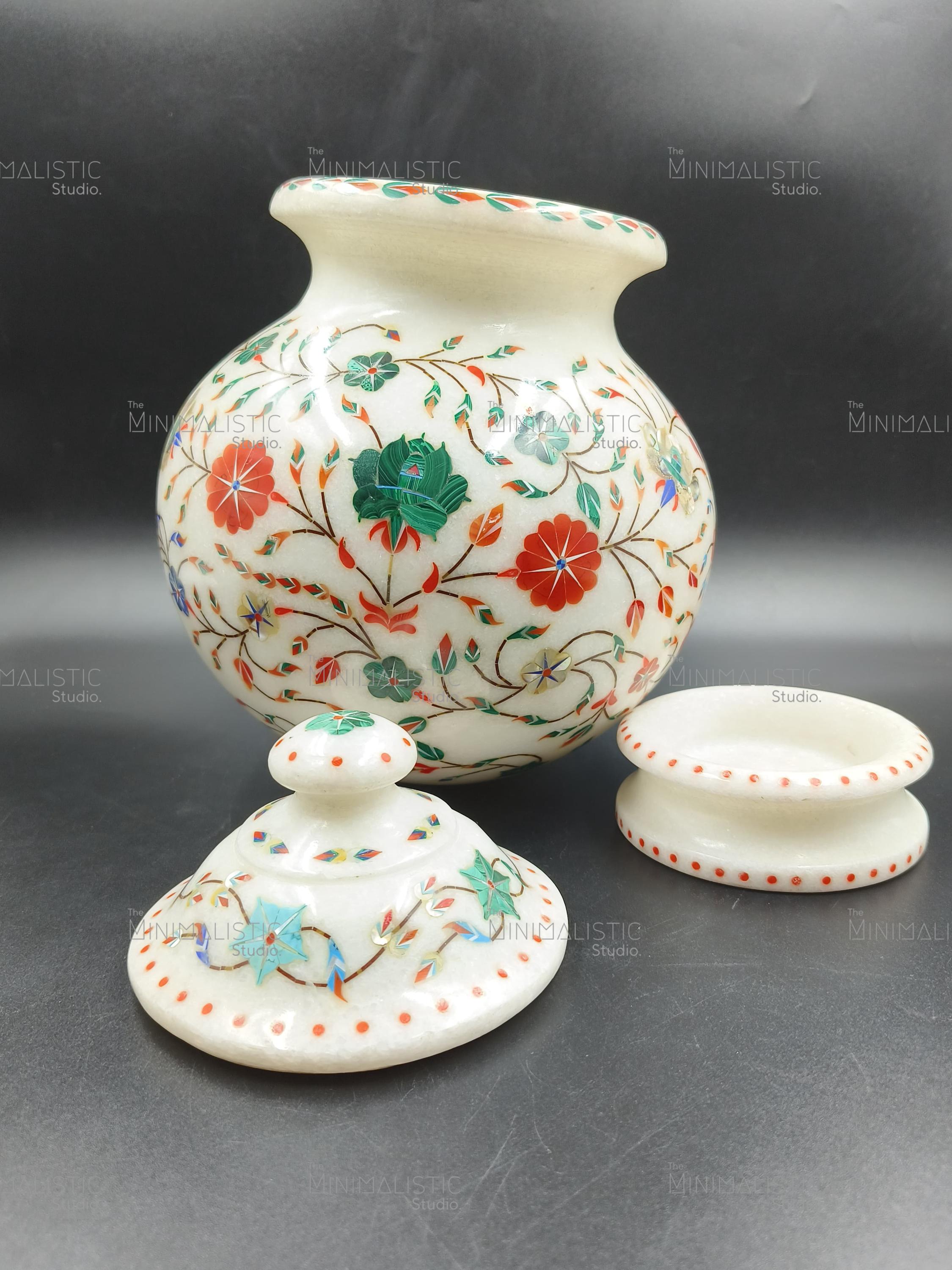 マクラナ大理石花象嵌蓋付き瓶｜手作り石鉢｜装飾壷瓶｜インドの