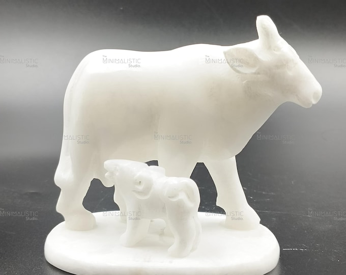 Handmade White Marble Cow and Calf Statue | Hindu Decor, 4x4 Inches