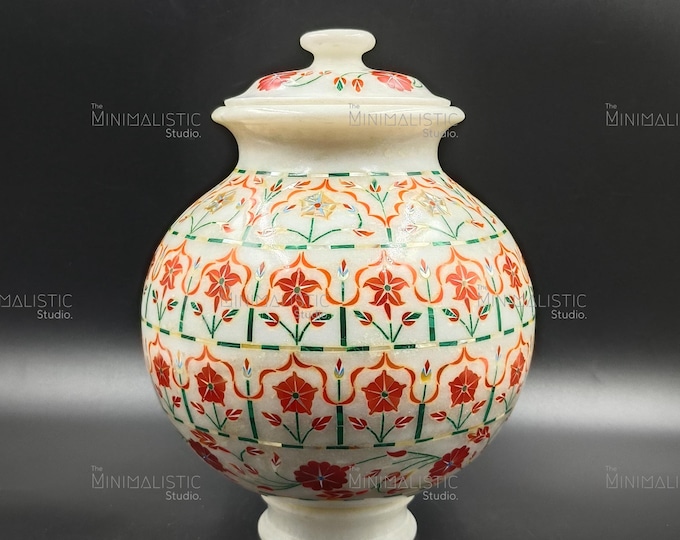 Makrana Marble Jar with Lid | Red Floral Pietra Dura Inlay, Indian Stone Art