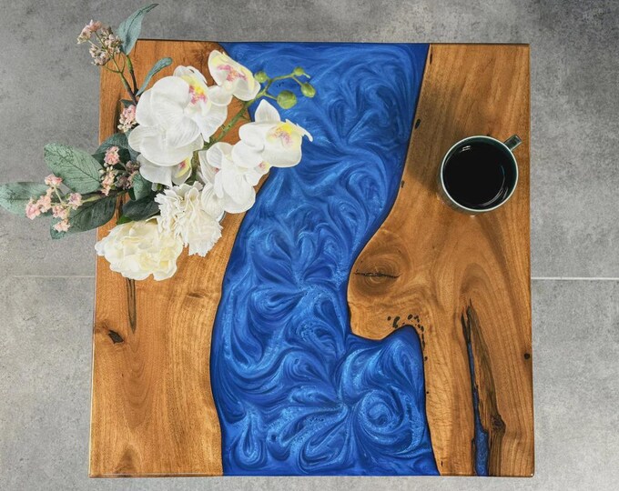 Square Blue River Acacia Wood Table Top | Artistic Epoxy Coffee Table | (Customisable)