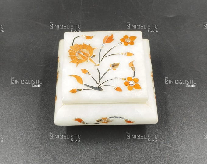 Handcrafted Makrana Marble Inlay Box | Orange Floral Jewelry Box