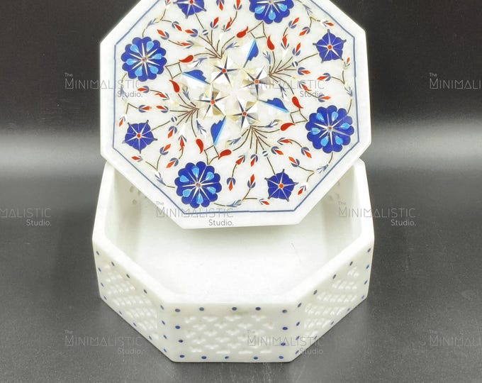 Handmade Makrana Marble Inlay Box – Agra Pietra Dura Floral Jewelry Keepsake