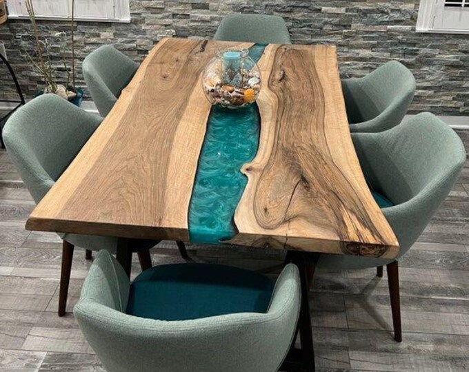 Rectangular Green Epoxy Acacia Wood Table Top | Dining Coffee Table | (Customisable)