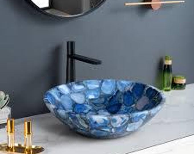 Round Blue Agate Sink | Gemstone Wash Basin for Modern Bathrooms | (Customisable)