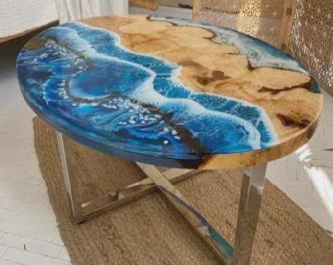 Handmade Aqua Blue Epoxy Acacia Wood Table Top | Ocean Wave Resin