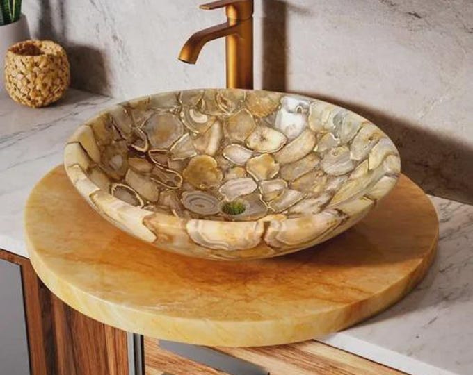 Round Honey Agate Sink | Warm-Tone Gemstone Wash Basin for Bathrooms & Vanities | (Customisable)