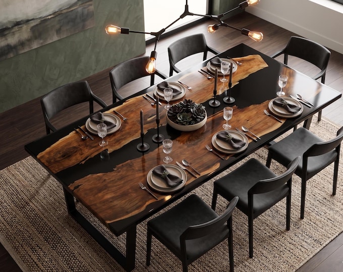 Black Epoxy River Acacia Wood Table Top | Live Edge Conference Table (Customizable)