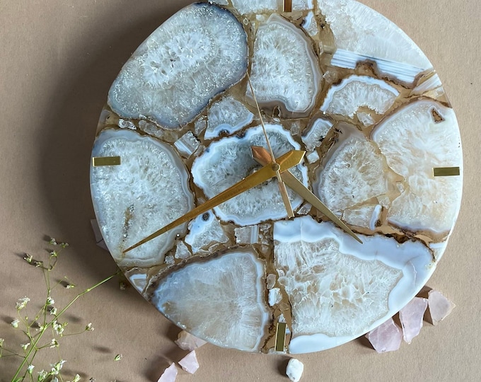 Handmade Blue Agate Wall Clock | Gold Accent Decor