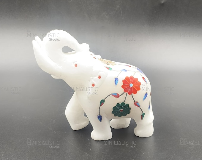 Makrana Marble Elephant Figurine | Hand-Carved Floral Inlay (4x3 Inches)