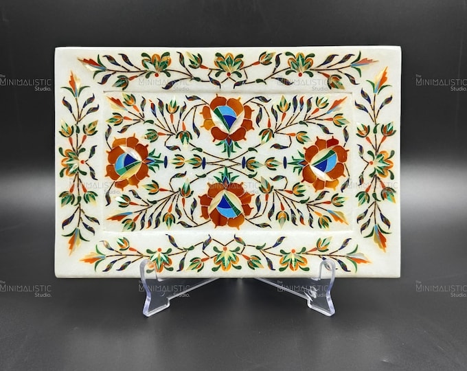 Handmade Marble Inlay Tray – Floral Pietra Dura Stone Art, 10x7