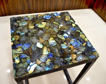 Square Labradorite Gemstone Table Top | Blue Gold Crystal Side Coffee Dining Table (Customisable)
