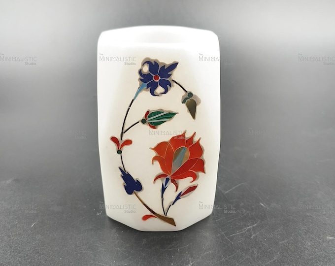 Handmade Marble Pen Holder – Floral Stone Inlay Desk Organizer, Mughal Art