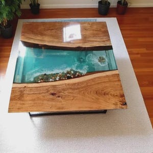 Aquarium Ocean Epoxy Acacia Wood Table Top  | Square | Coffee Table Top | Dining Table Top| (Customizable)