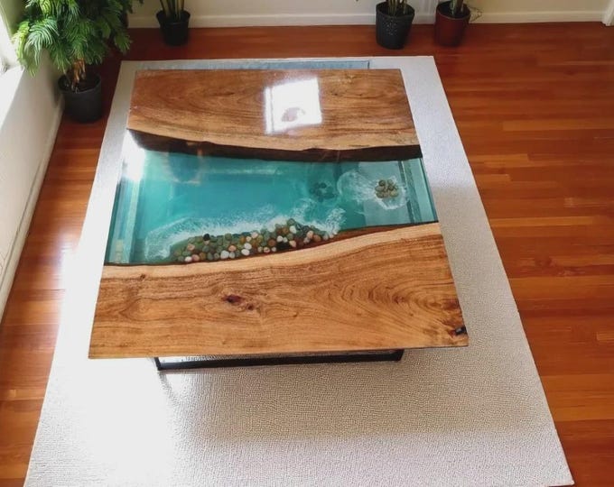 Epoxy Acacia Wood Table Top | Ocean Aquarium with River Rocks