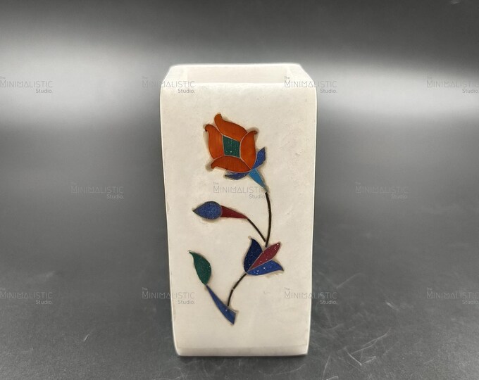 Mughal Pietra Dura Marble Pen Holder | Floral Stone Inlay Desk Organizer