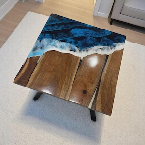 Ocean Wave Epoxy Acacia Wood Table Top | Square | Modern Coffee Table Top | Dining Table Top | (Customizable)