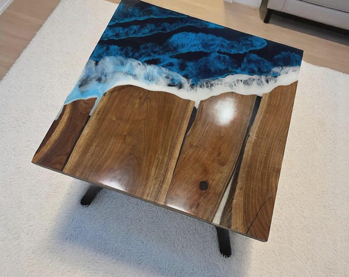 Handmade Ocean Wave Epoxy Acacia Wood Table Top | Square Coffee or Dining Table