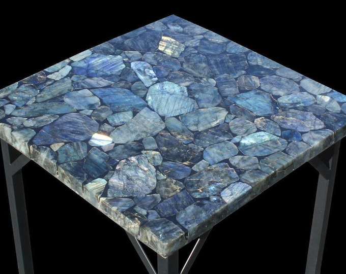 Square Labradorite Gemstone Table Top | Blue Crystal Accent Side Coffee , Dining Table | (Customisable)