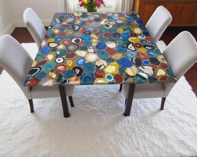 Rectangular Multi-Colour Agate Table Top | Rainbow Crystal Dining Coffee Table | (Customisable)