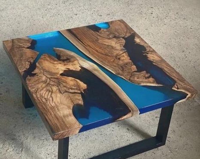 Live Edge Acacia Wood Blue Epoxy River Table Top | Square Handmade Ocean | Coffee Table |(Customisable)