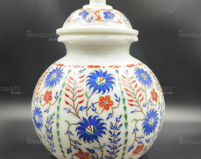 Makrana Marble Inlay Jar with Lid | Handcrafted Pietra Dura Floral Decor