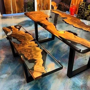 Natural Acacia Wood Clear Epoxy Table | Rectangle Table Top | Dining Table Top | Coffee Table Top | Live Edge Table (Customisable)