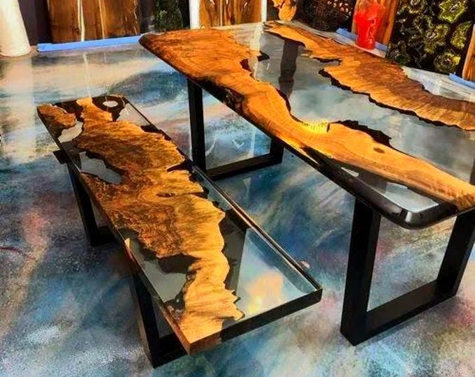 Live Edge Acacia Wood Epoxy Table | Custom Rectangle Dining Table