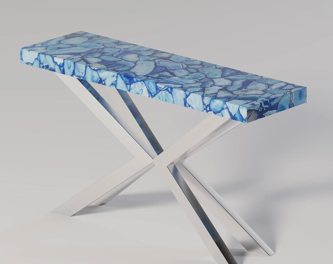 Blue Agate Console Table Top | Handmade Gemstone Slab, Modern Accent