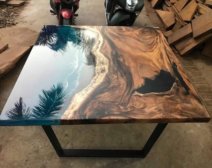 Ocean Wave Epoxy Acacia Wood Table Top | Live Edge, Customizable