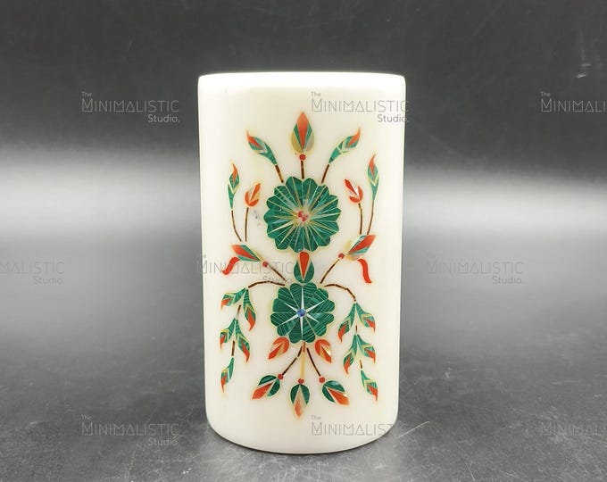 Floral Inlay Marble Pen Holder – Mughal Art Desk Organizer