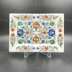 Handmade Marble Inlay Tray – Floral Pietra Dura Plate for Wall or Table Decor – White Marble with Stone Art
