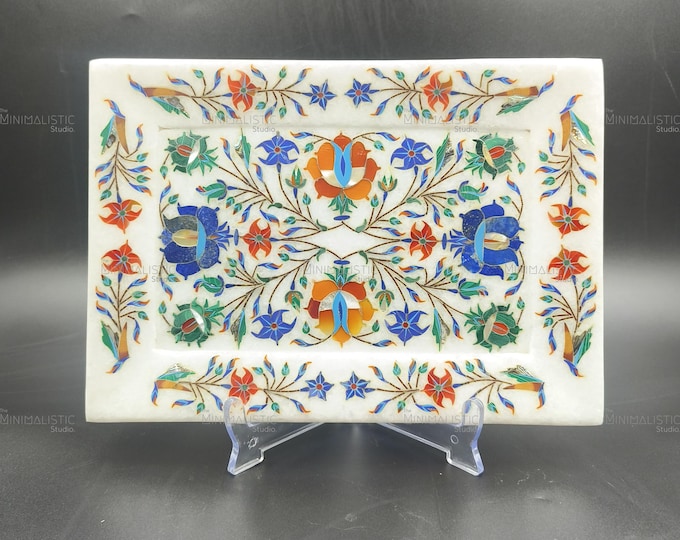 Handmade Floral Marble Inlay Tray – Pietra Dura Stone Art