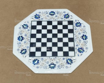 Handcrafted Marble Chess Table Top | Blue Floral Inlay Art (18"x18")