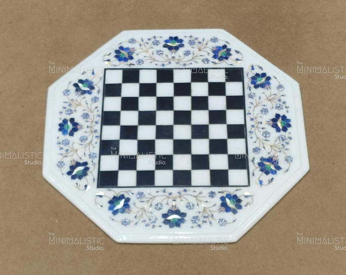Handcrafted Marble Chess Table Top | Blue Floral Inlay Art (18"x18")