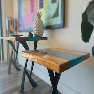 Blue Epoxy Acacia Wood Table Top | Square | Modern Side Table Top | Coffee Table Top | (Customizable)