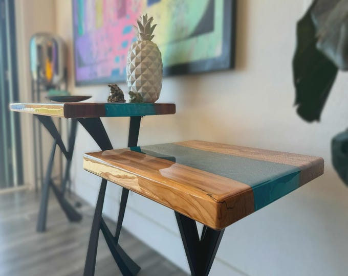 Blue Epoxy Acacia Wood Table Top | Modern Square Side Table (Customizable)